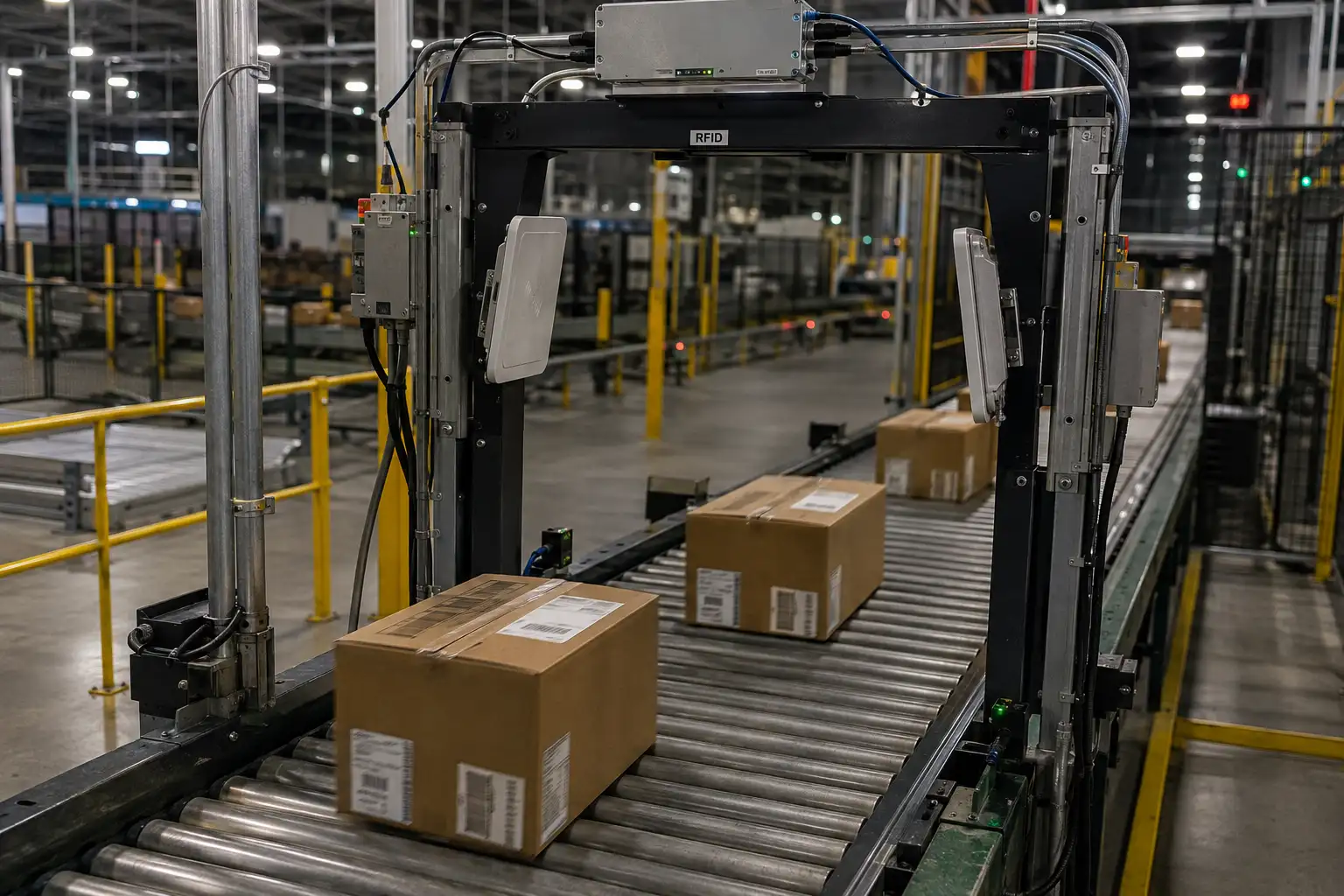 warehouse conveyor belt with packages moving fast through rfid portal