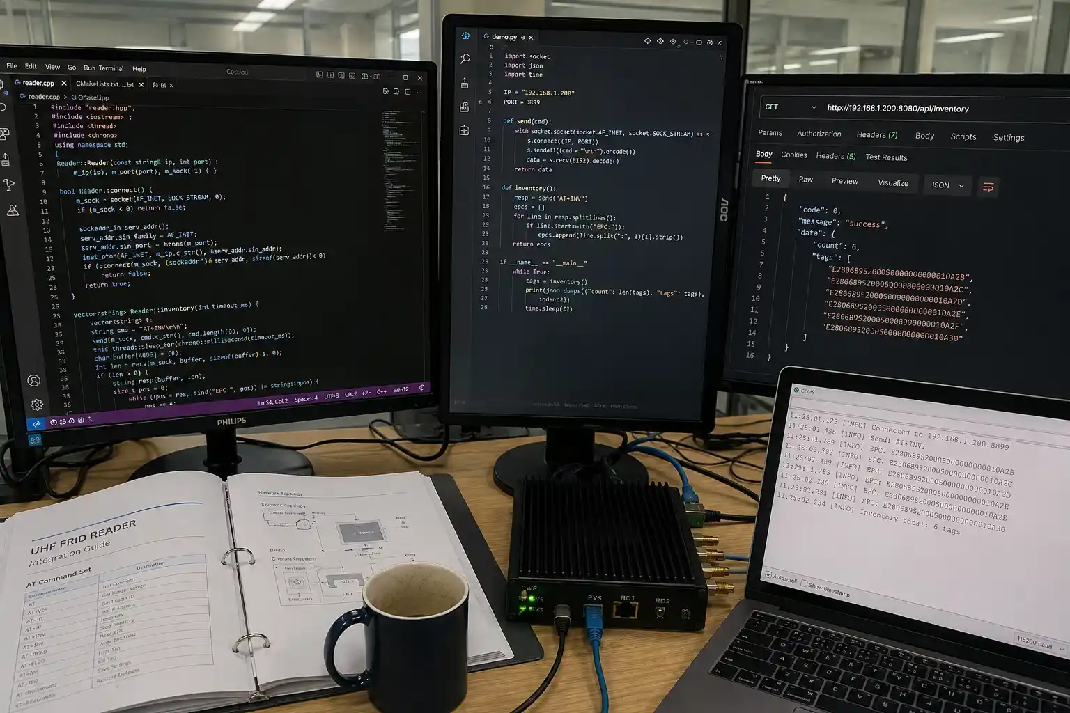 engineer coding with rfid sdk on screens