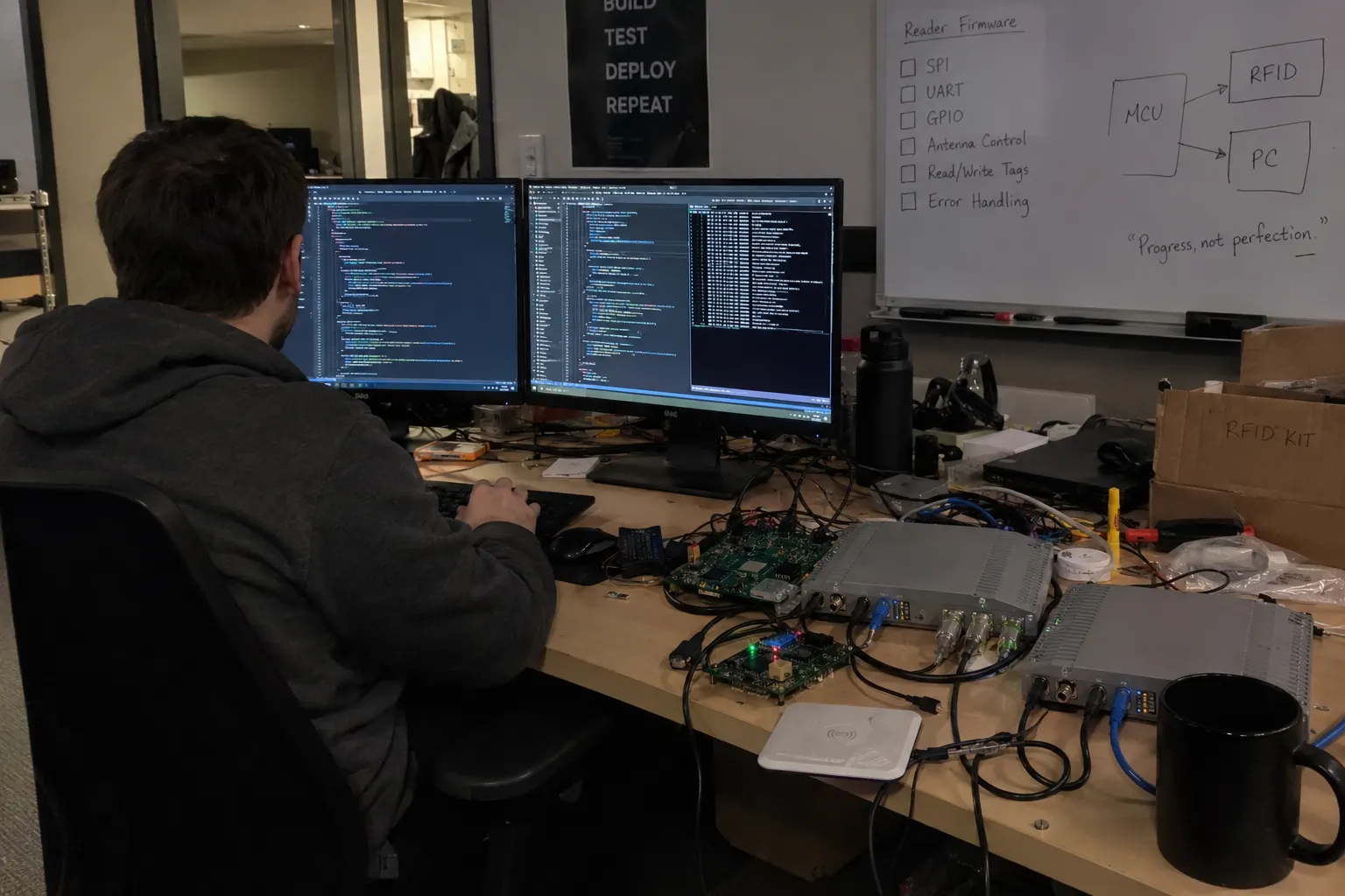 developer looking at code on screen with rfid hardware