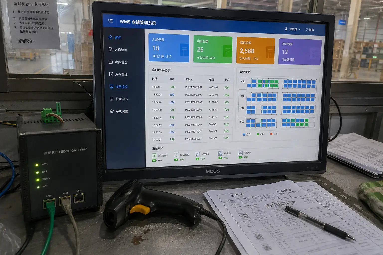dashboard on monitor showing real time inventory data from rfid