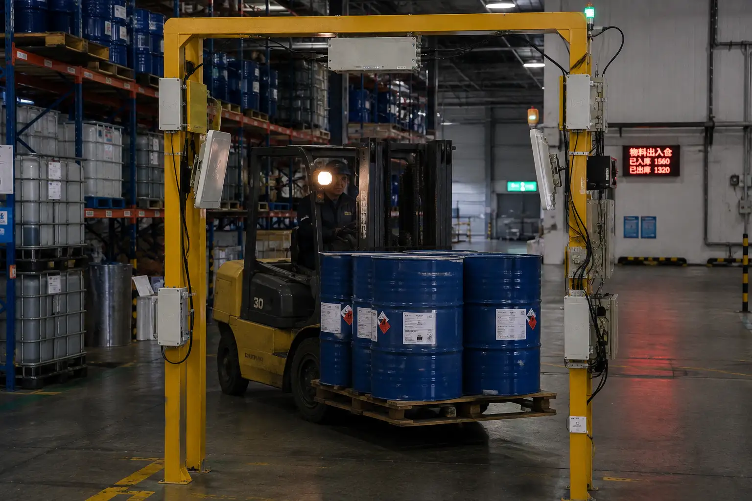 forklift carrying metal drums passing rfid reader gate