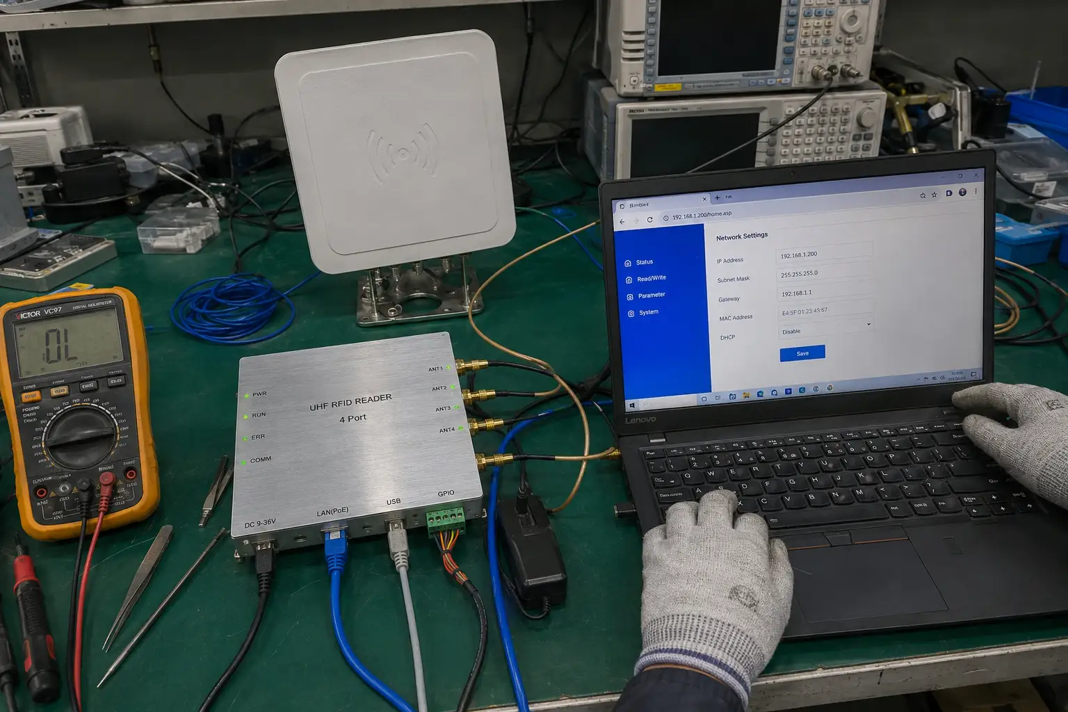 technician selecting user interface on industrial rfid reader