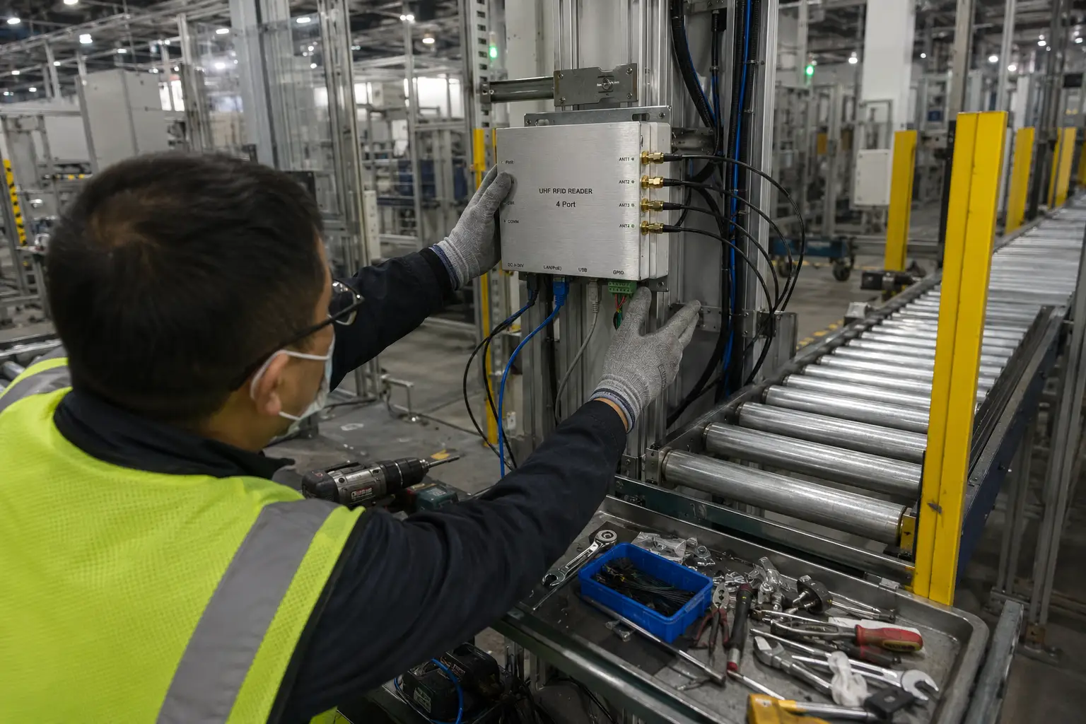 technician installing industrial RFID reader near conveyor belt