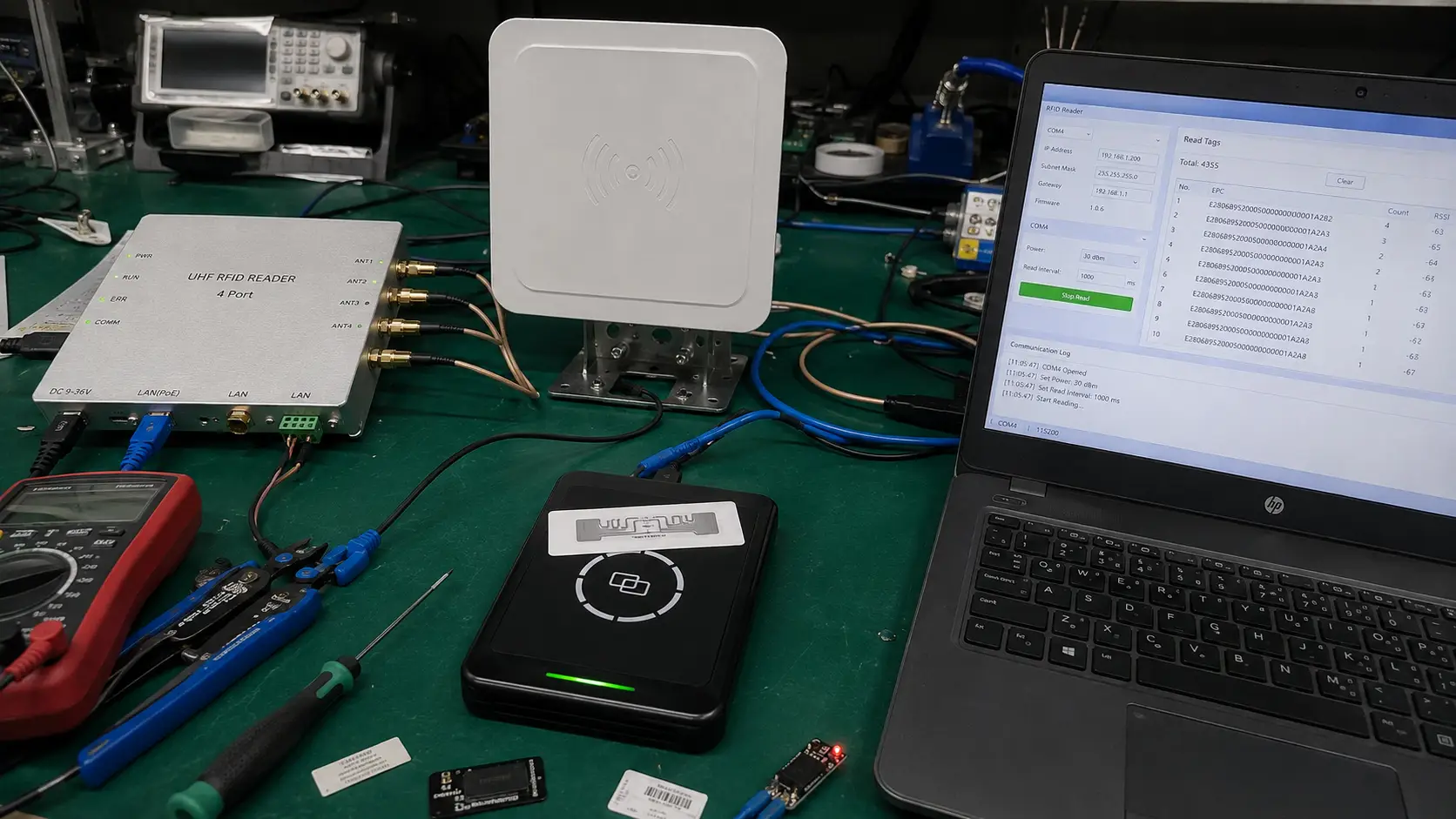 Comprehensive Fongwah UHF RFID reader system setup showing desktop encoders, fixed portals, patch antennas, and middleware software on a test bench.