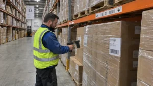 Warehouse operations supervisor holding an audit clipboard while checking high-bay pallet racking.