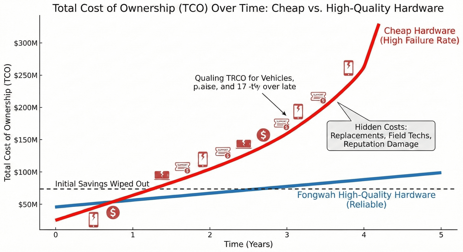 Chart showing TCO rising over time with cheap hardware