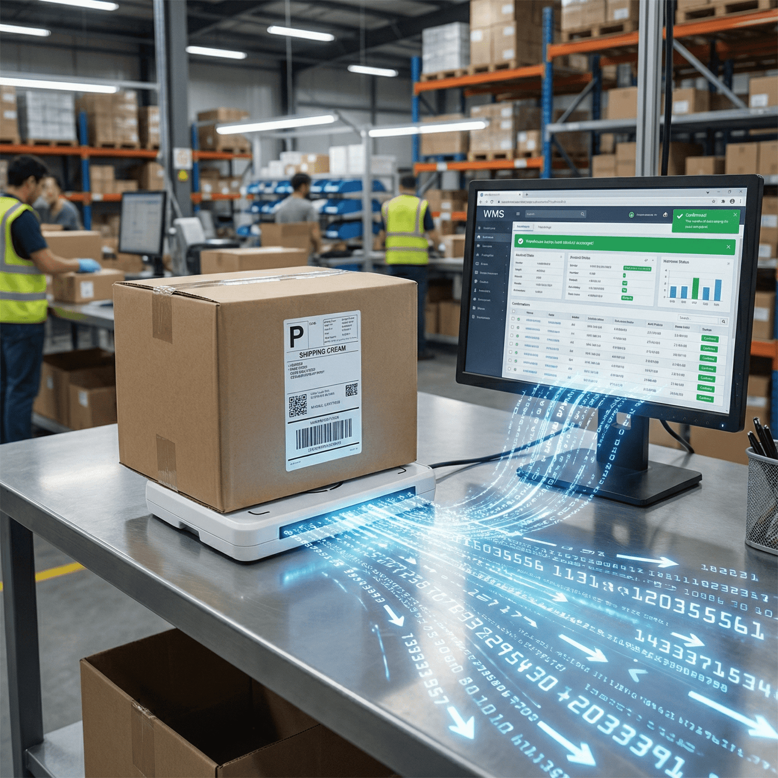 Desktop UHF RFID reader connected to a WMS terminal at a warehouse packing station, illustrating automated data entry via USB integration.