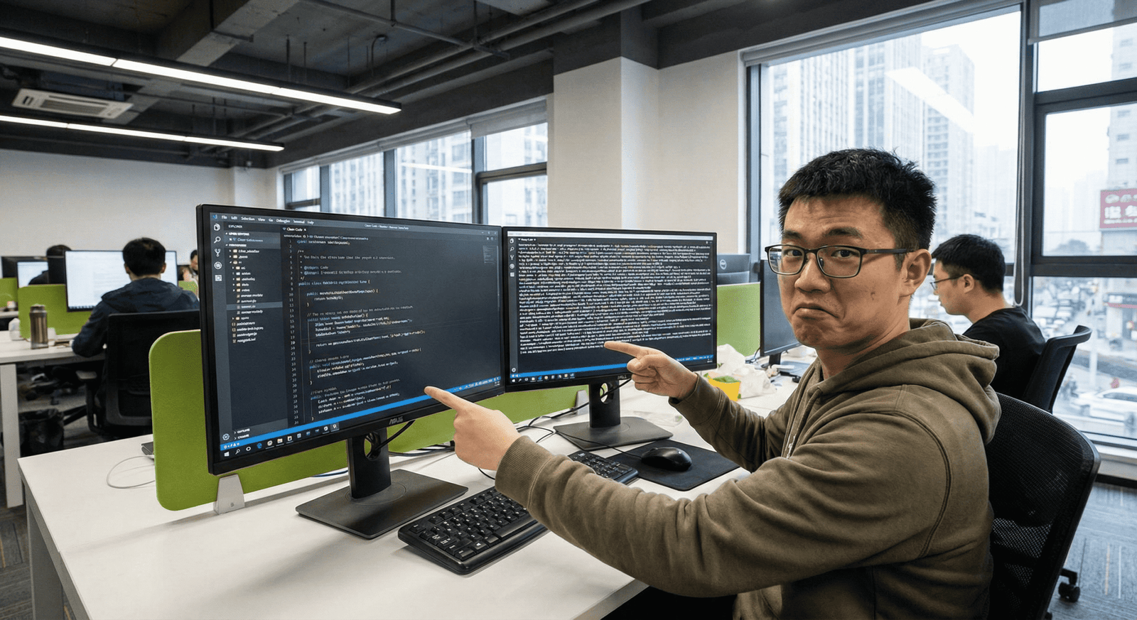 Developer looking at clean code vs messy code