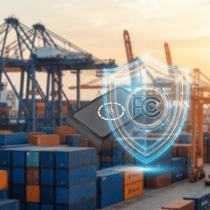 A compliant Fongwah RFID reader protected by an FCC Part 15 shield, set against a US shipping port background, illustrating safe imports and avoiding customs seizures for distributors.
