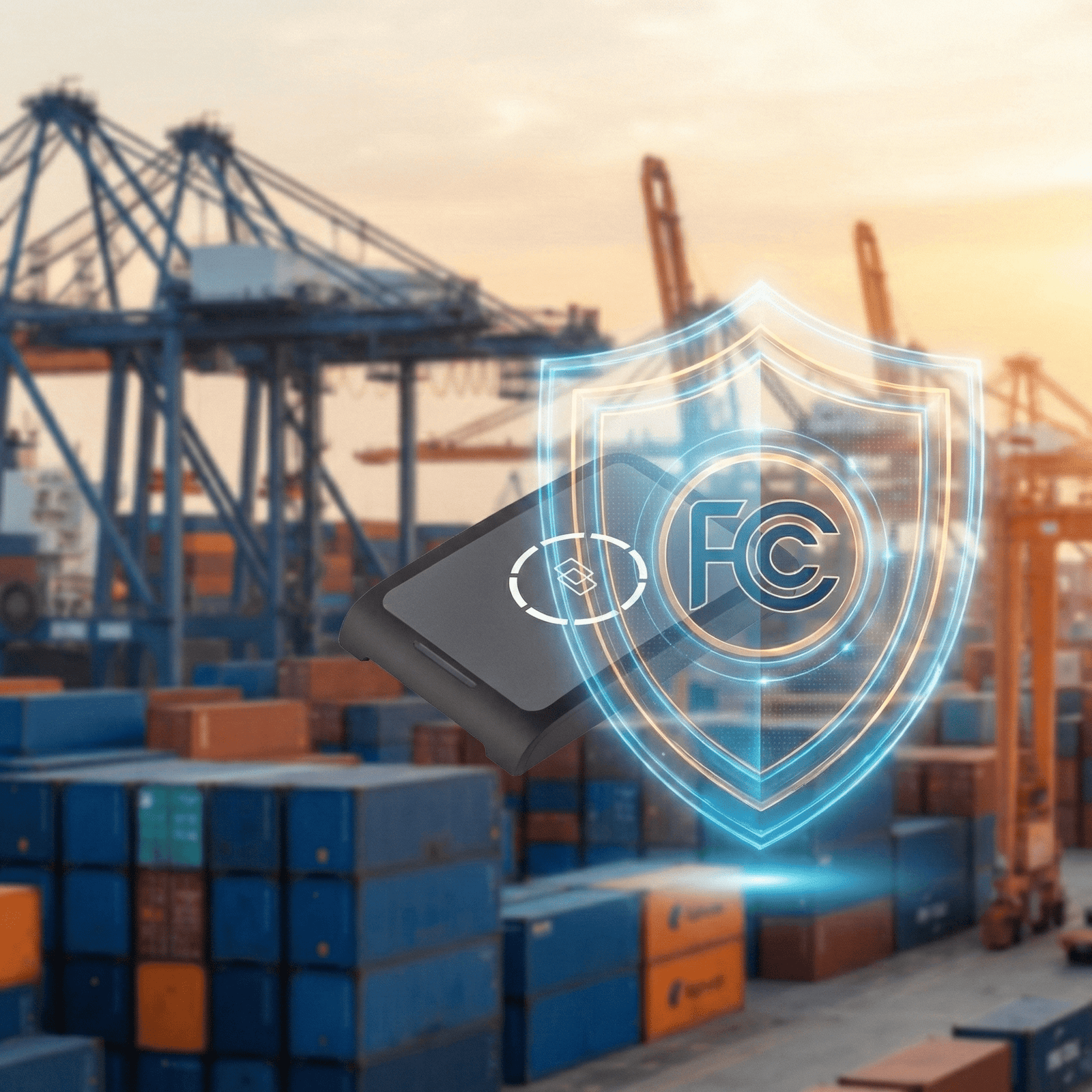 A compliant Fongwah RFID reader protected by an FCC Part 15 shield, set against a US shipping port background, illustrating safe imports and avoiding customs seizures for distributors.