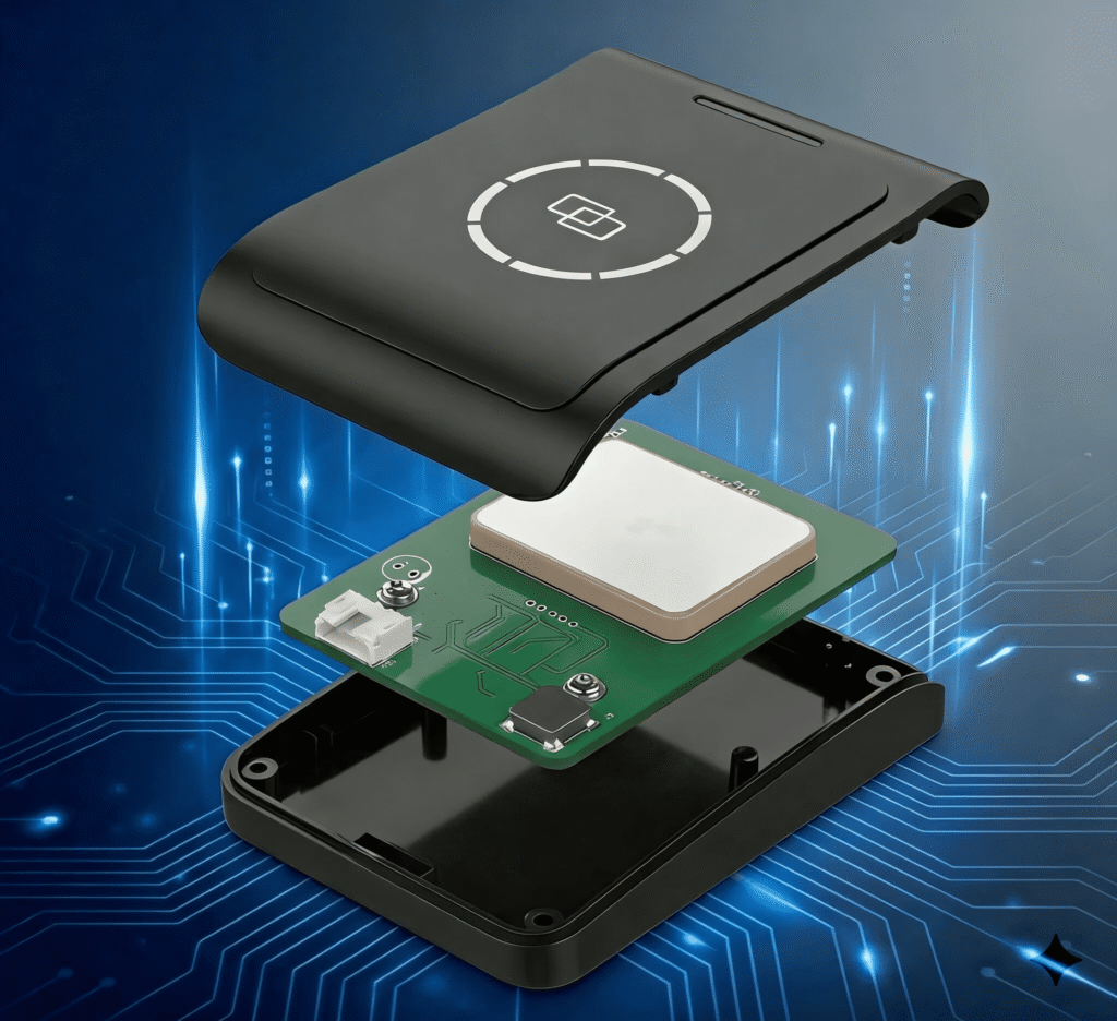 Exploded view of a desktop RFID reader revealing industrial-grade PCB layout and antenna components tailored for OEM and ODM customization.