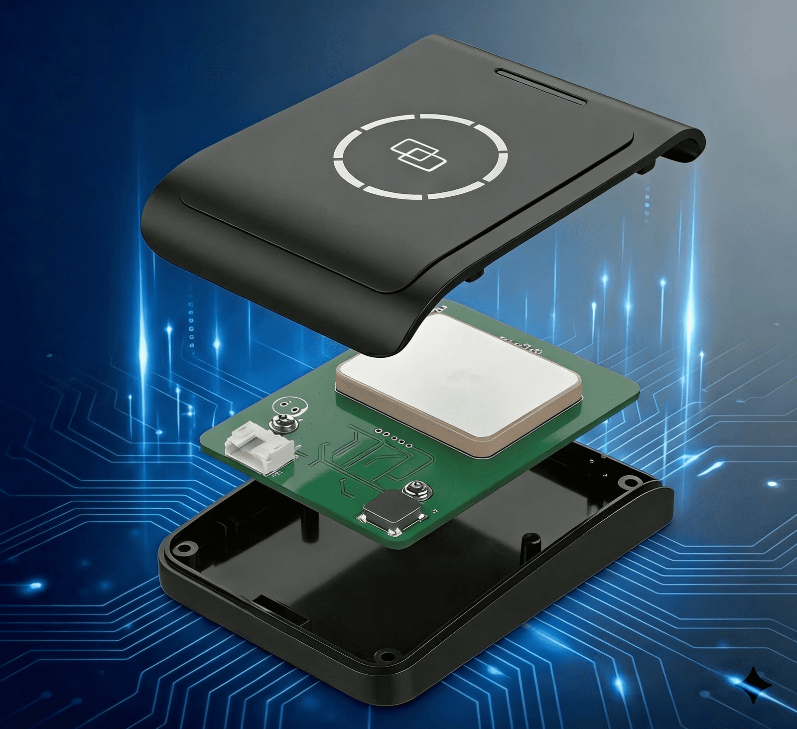 Exploded view of a desktop RFID reader revealing industrial-grade PCB layout and antenna components tailored for OEM and ODM customization.