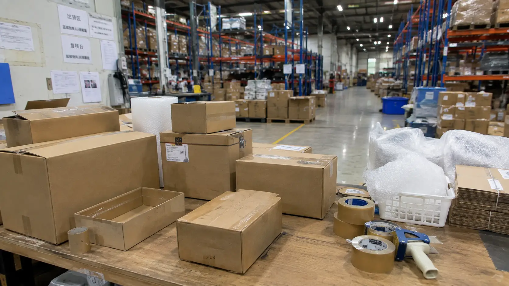 Busy logistics fulfillment center packing station with cardboard boxes ready for dispatch.
