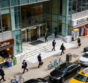 High-traffic modern office building entrance, visualizing the enterprise access control environment where reliable programmable RFID cards and readers are critical for system integrators.
