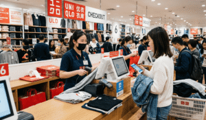 Retail staff processing bulk garment tags at a fast checkout counter using high-performance RFID readers to minimize implementation costs.