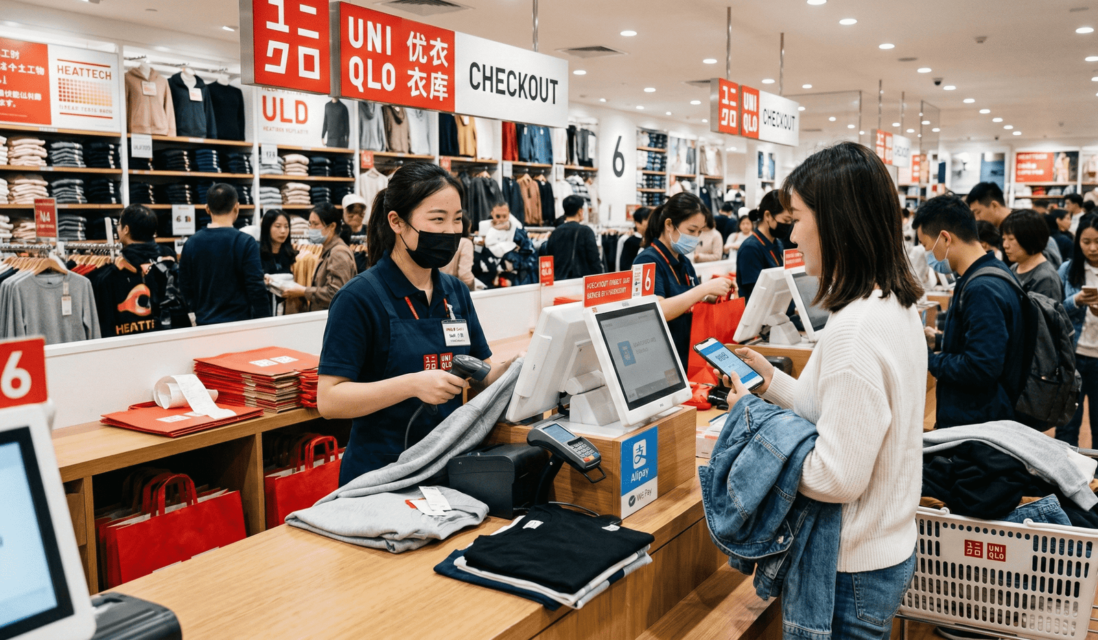 Retail staff processing bulk garment tags at a fast checkout counter using high-performance RFID readers to minimize implementation costs.