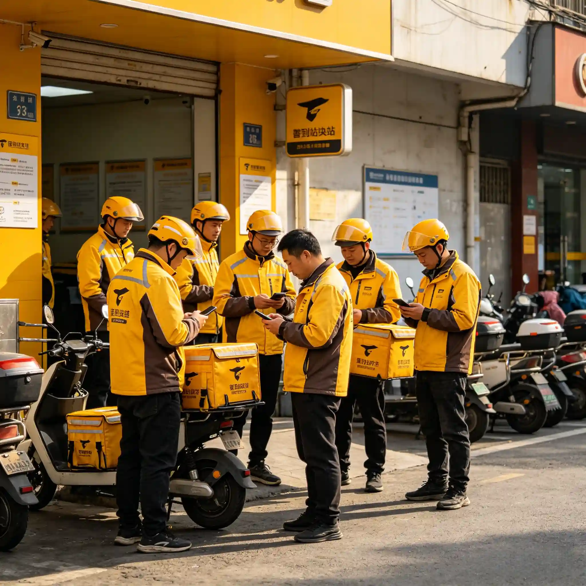 A large fleet of food delivery riders gathering at a dispatch station, illustrating the massive scale of last-mile logistics requiring automated access control.