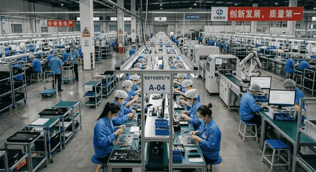 Assembly line at an OEM RFID hardware manufacturing facility, highlighting direct production capacity for enterprise asset tracking systems