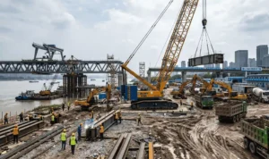 Panoramic view of an outdoor construction site requiring robust RFID tracking for heavy equipment.