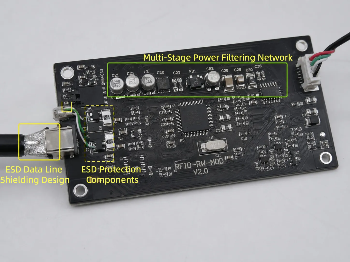 Close-up of a professional RFID reader PCB showing power filtering components