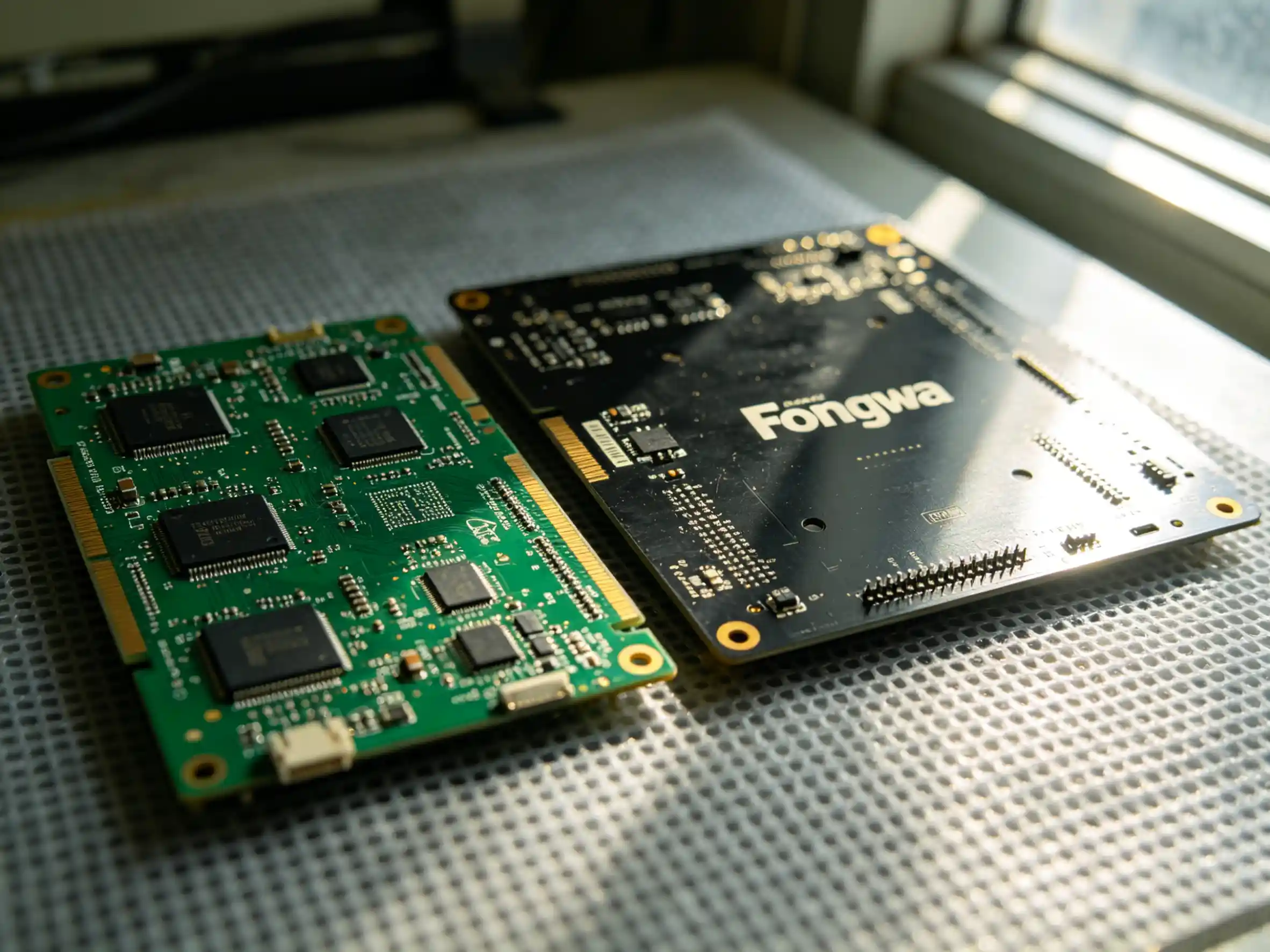 Side-by-side comparison of a basic RFID module PCB and a Fongwah module with advanced thermal design