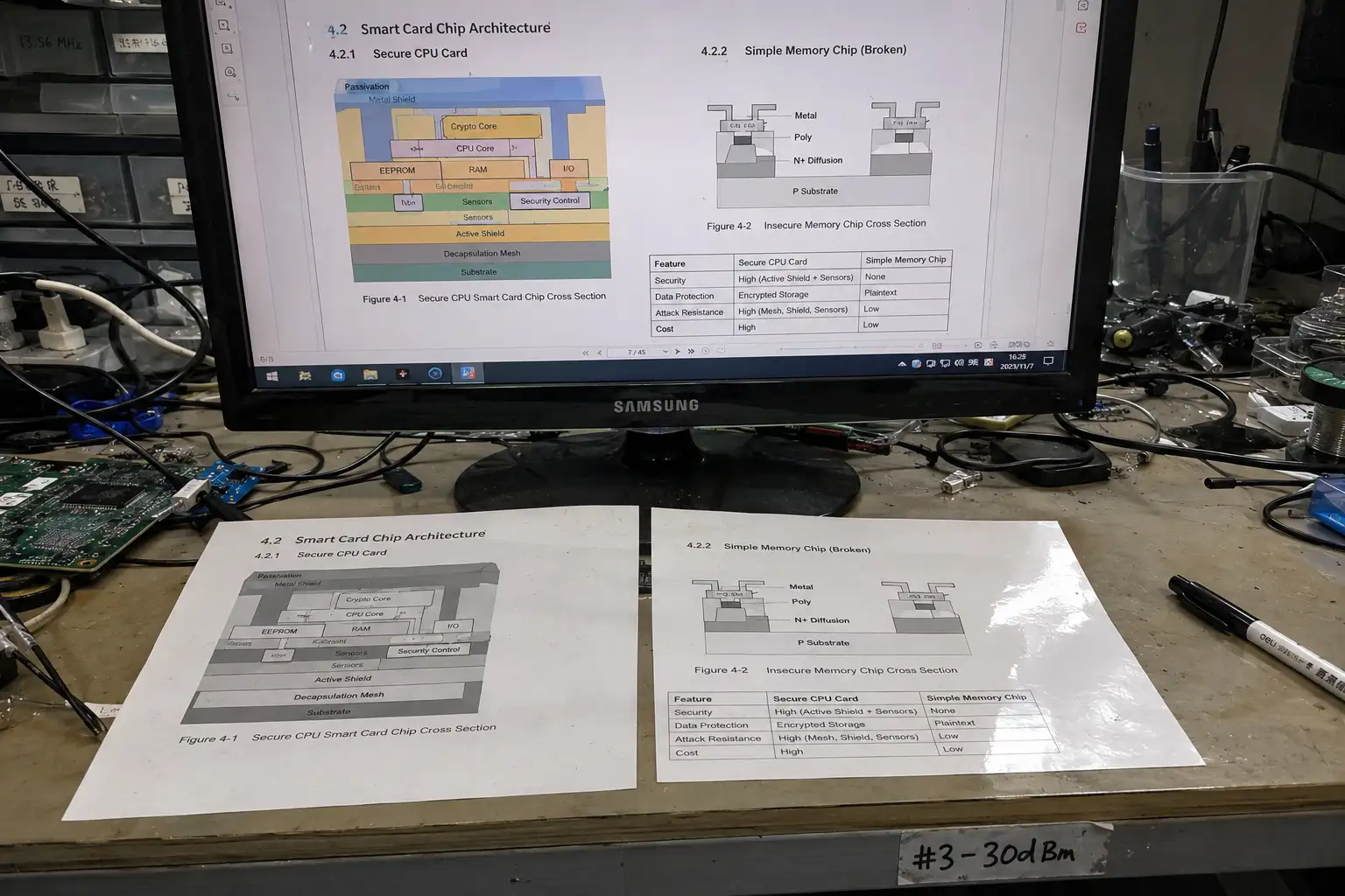 Visual showing the complex internal architecture of a secure CPU card vs a simple memory card