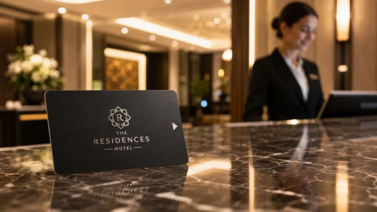 Fongwah premium hotel key card with matte finish and metallic silver foil hot-stamping resting on a luxury resort marble front desk.
