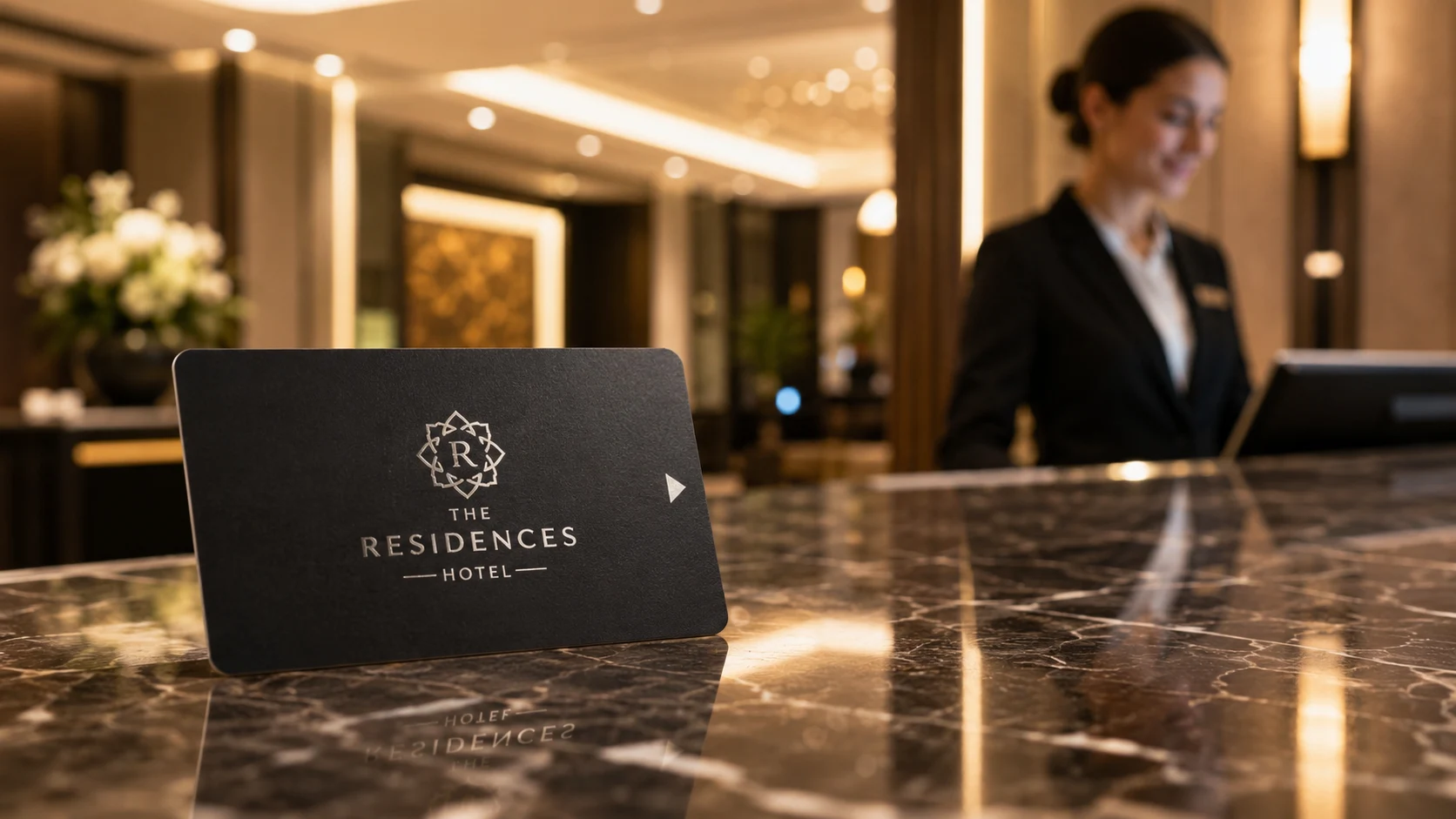 Fongwah premium hotel key card with matte finish and metallic silver foil hot-stamping resting on a luxury resort marble front desk.