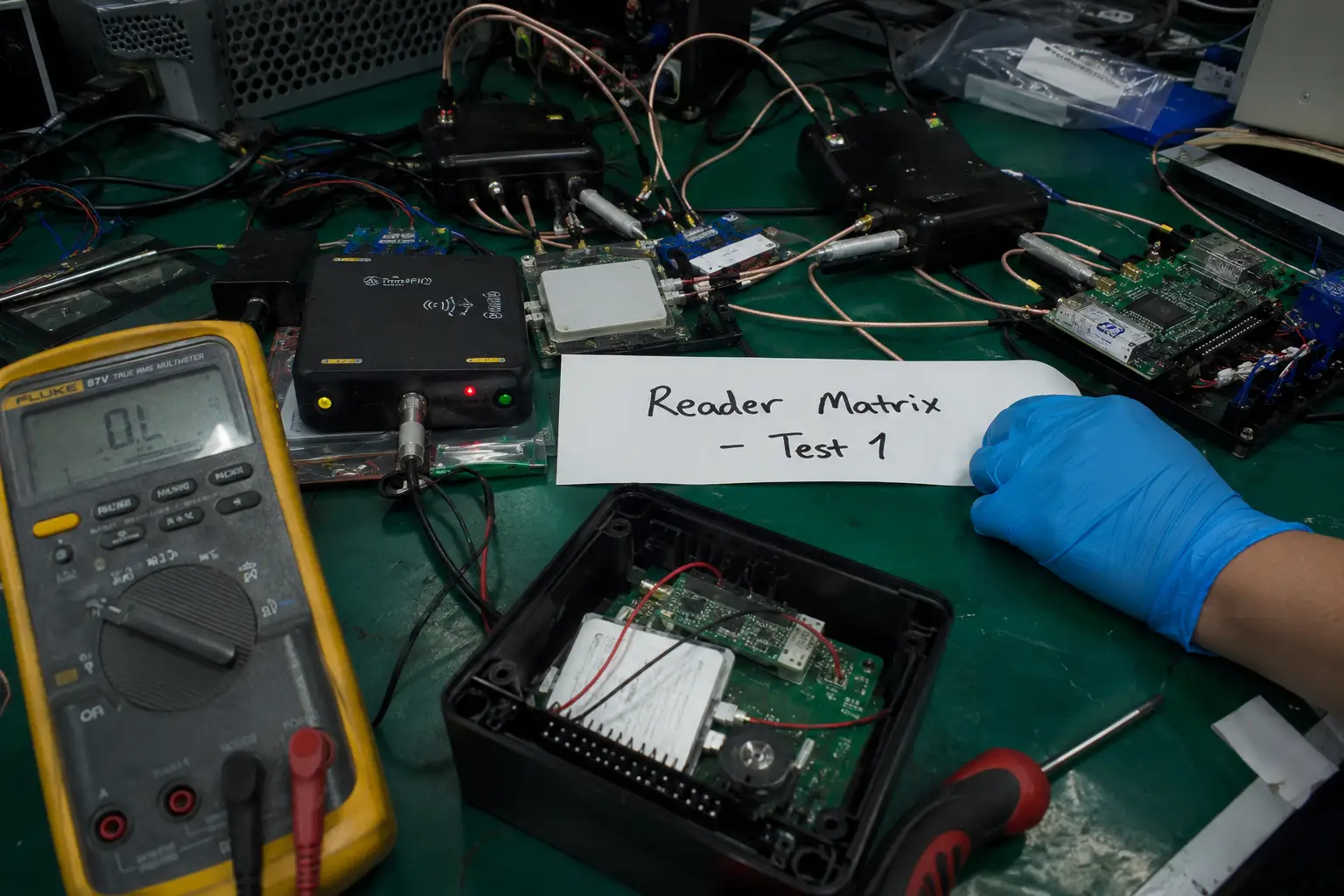 A detailed hardware postmortem snapshot of a disassembled, high-grade fixed RFID reader on a cluttered electronics workbench, focusing on its heavy multi-layer PCB ground pours and custom aluminum heat sink plates. A marker note on the board reads "BATCH-2026-OK"