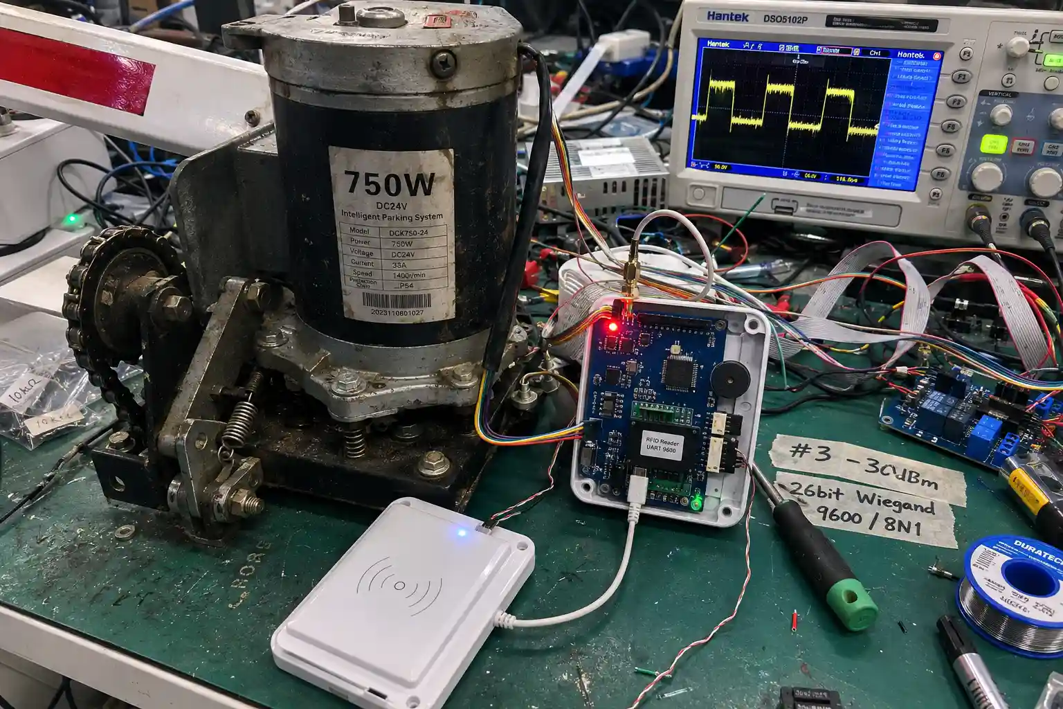 Diagram showing EMI from a parking gate motor corrupting an RFID reader's data signal
