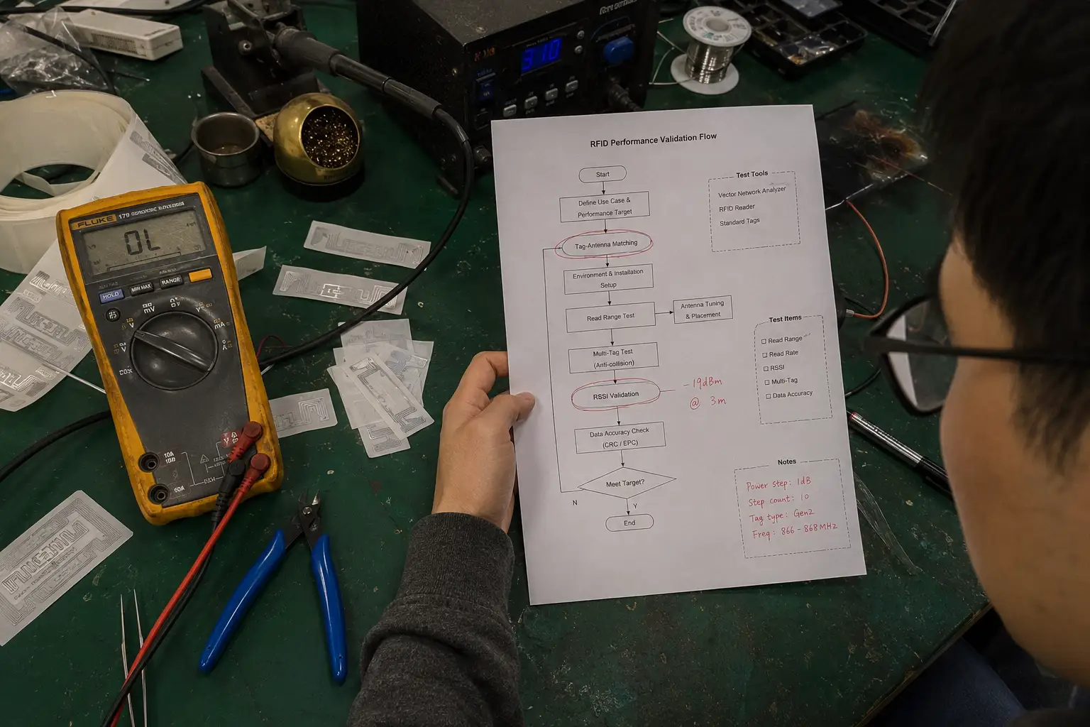 A flowchart showing a system-level approach to RFID deployment from asset definition to validation.