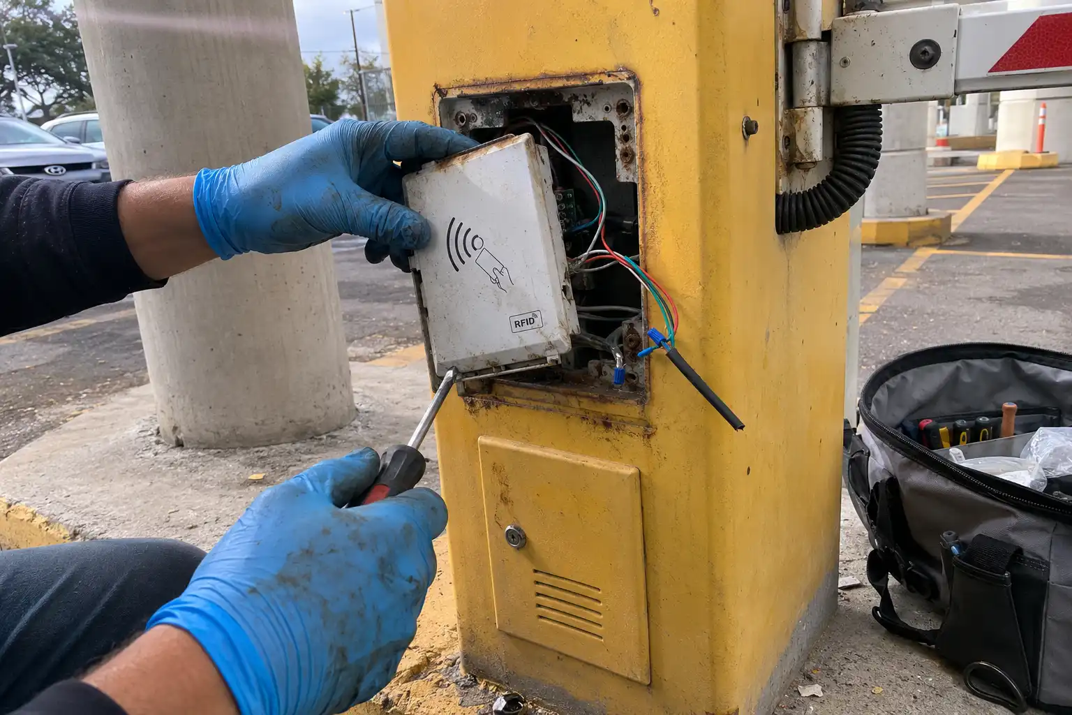A technician on a lift, wasting time and money replacing a failed RFID reader on a commercial building