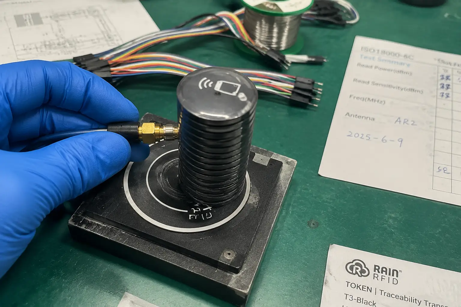 Circular-polarized RFID field covering token tags dropped at randomized angles where a fixed linear antenna leaves blind spots