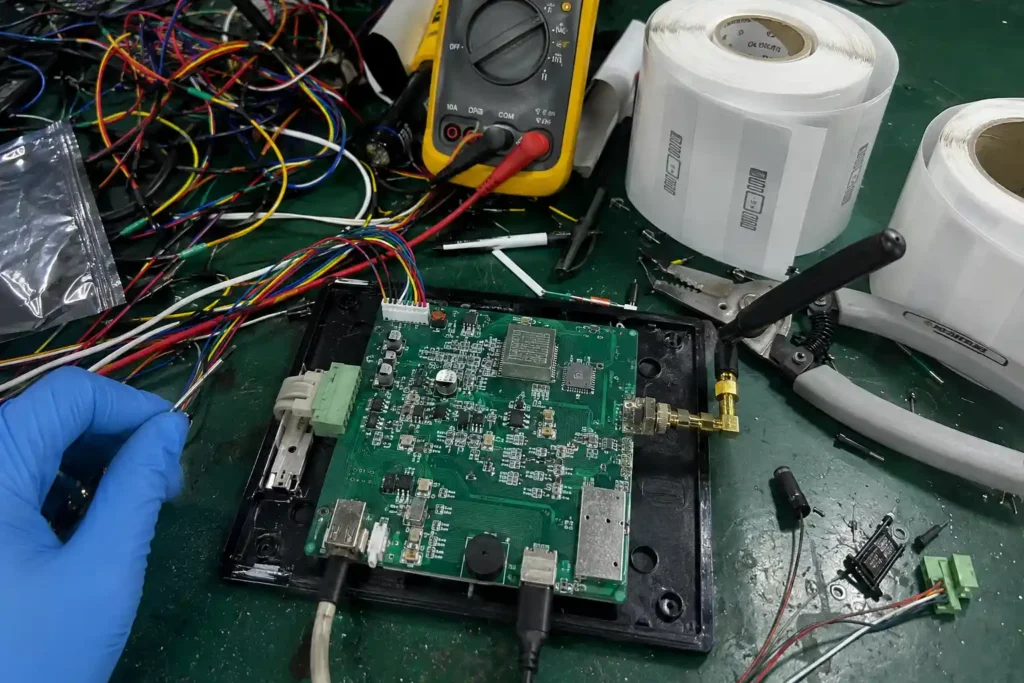Unshielded B2B embedded RFID reader module tracking failure diagnostics on a messy factory electronics workbench