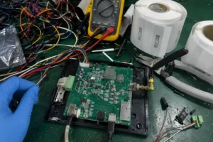 Unshielded B2B embedded RFID reader module tracking failure diagnostics on a messy factory electronics workbench