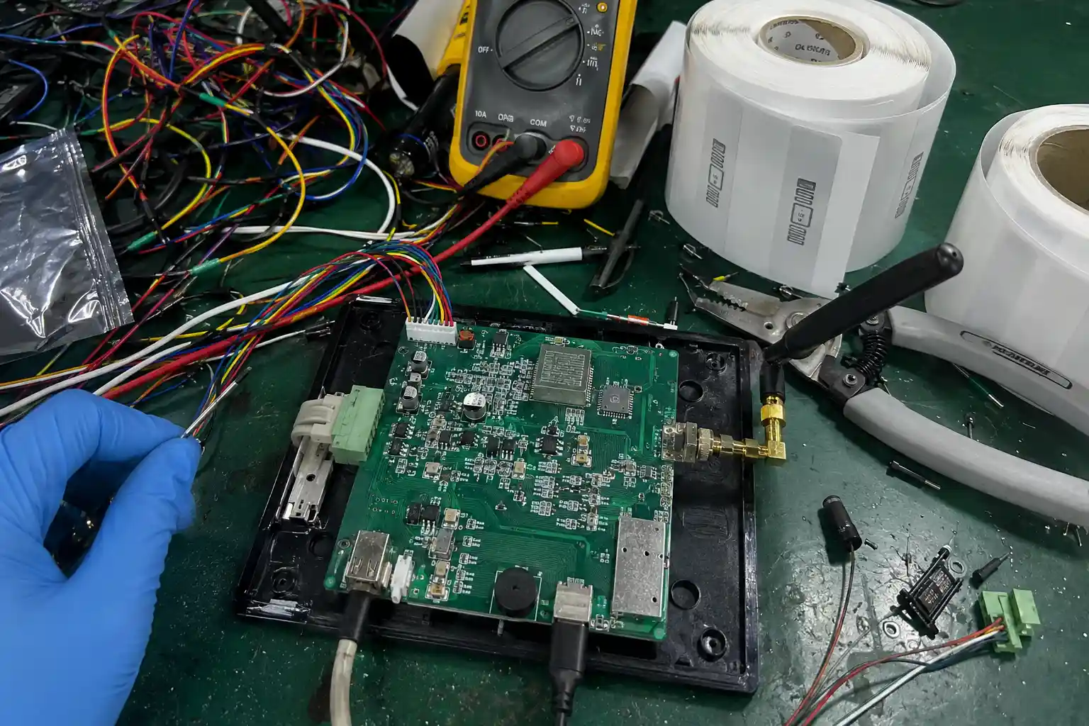 Unshielded B2B embedded RFID reader module tracking failure diagnostics on a messy factory electronics workbench