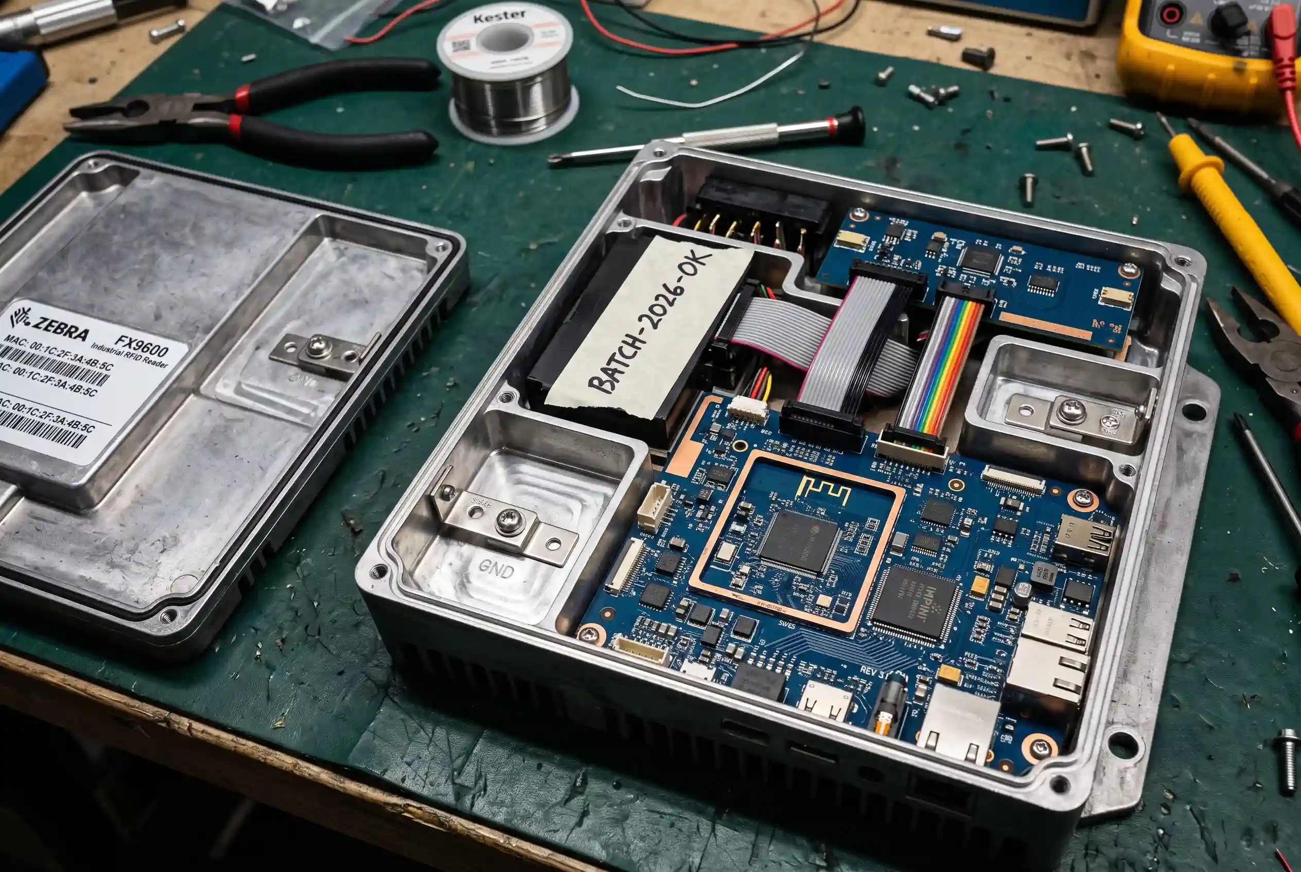 An oscilloscope capture displaying a clean isolated 50-ohm carrier burst inside a shielded metal test enclosure