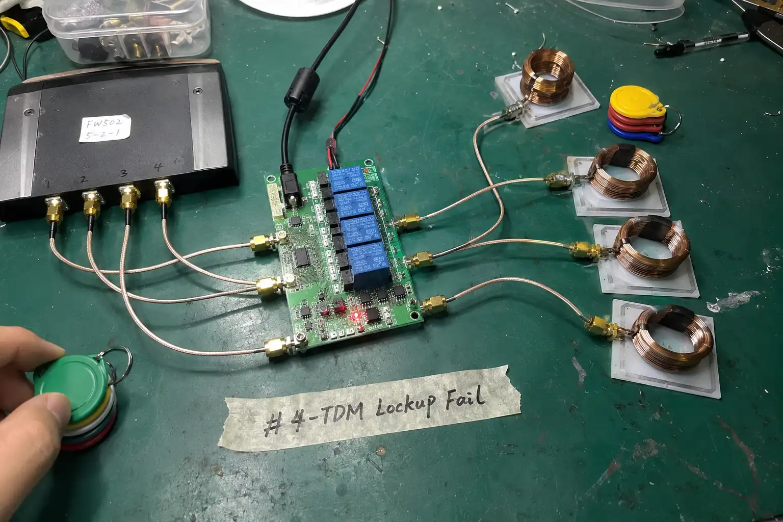 Multiport UHF RFID reader cycling four antenna zones across a tabletop token tracking cell via time-division multiplexing