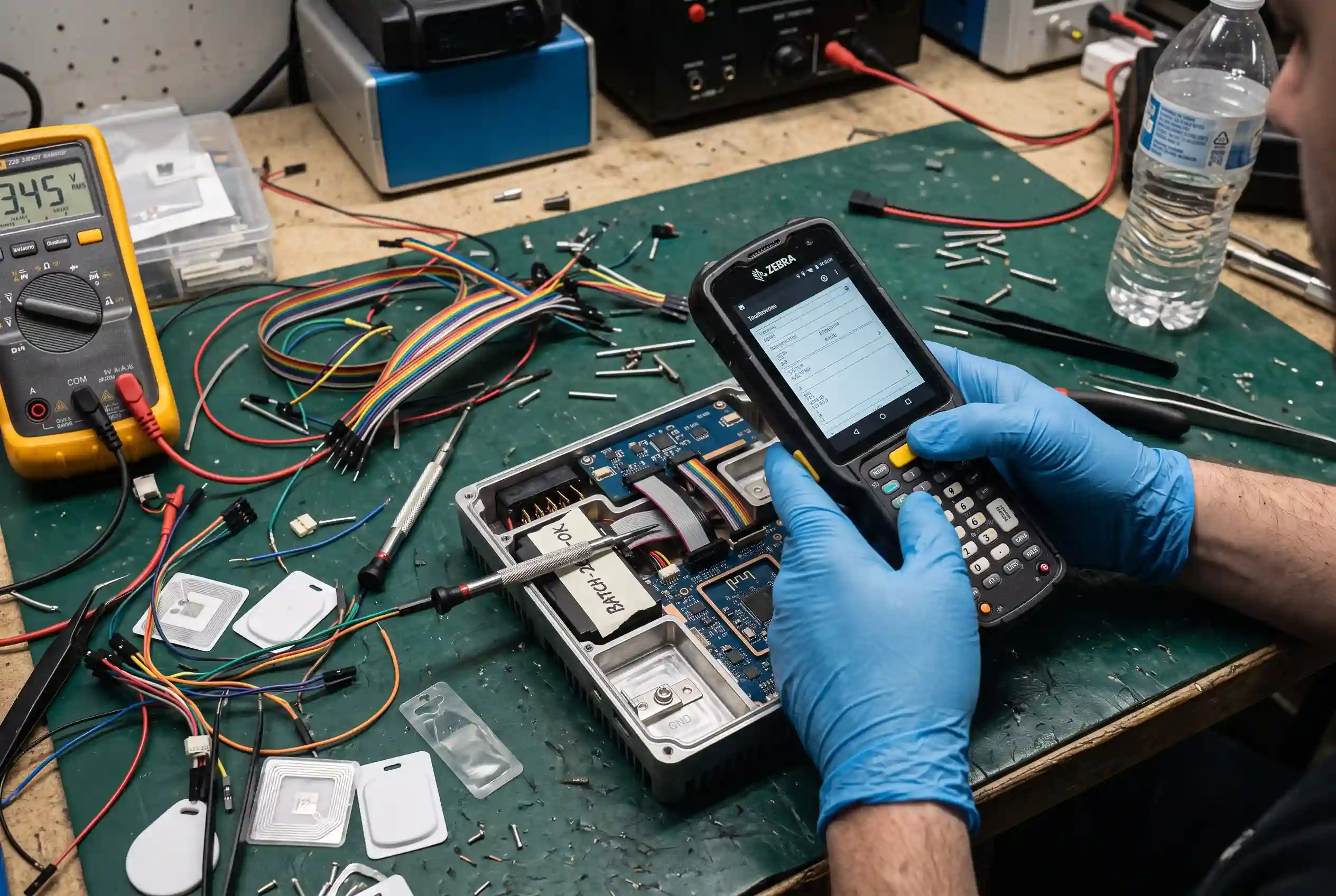 A split teardown of an industrial fixed interrogator chassis highlighting built-in grounding clips and isolated RF cavities