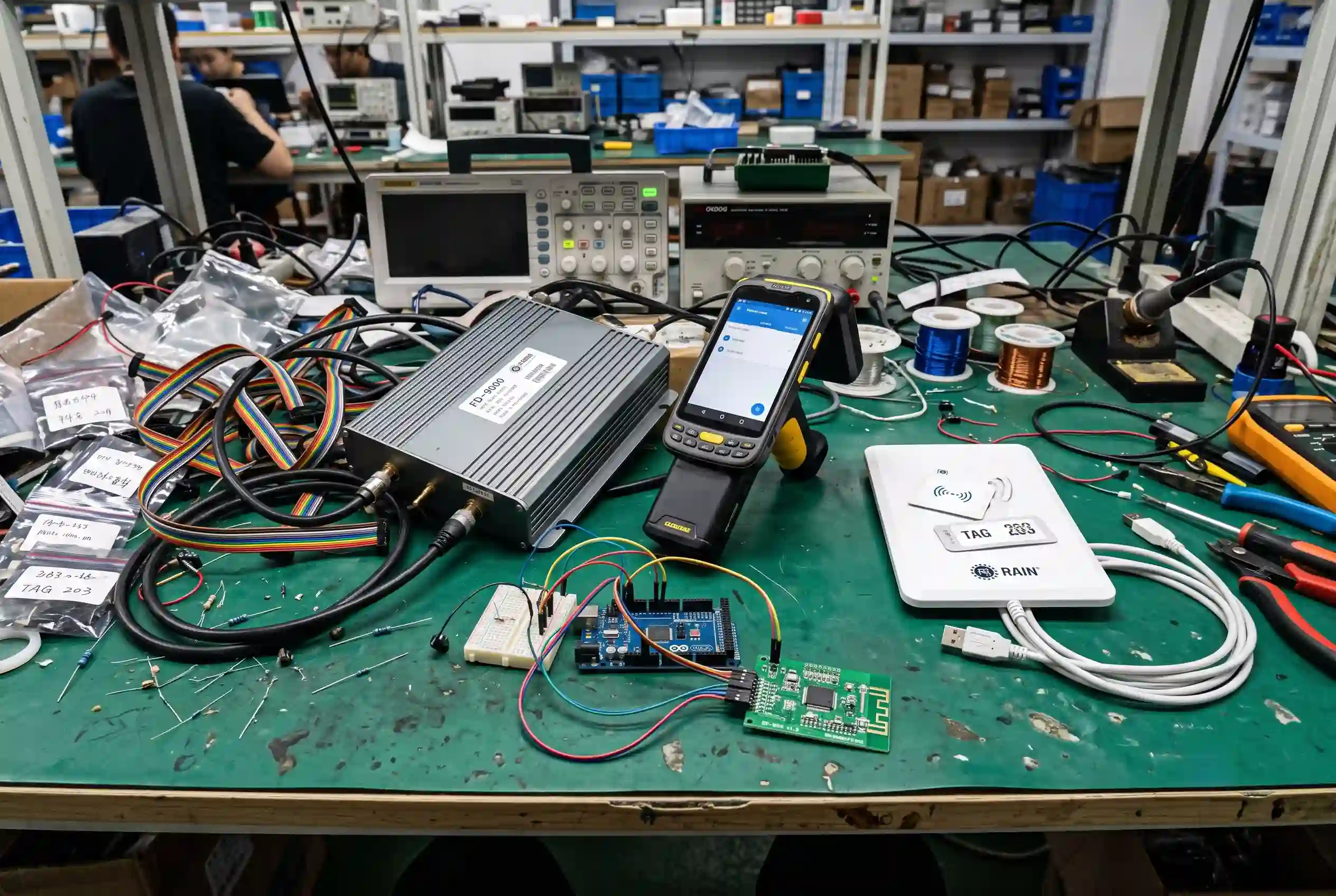 High angle technical snapshot contrasting fixed interrogator chassis handheld scanner desktop USB pad and embedded OEM board modules